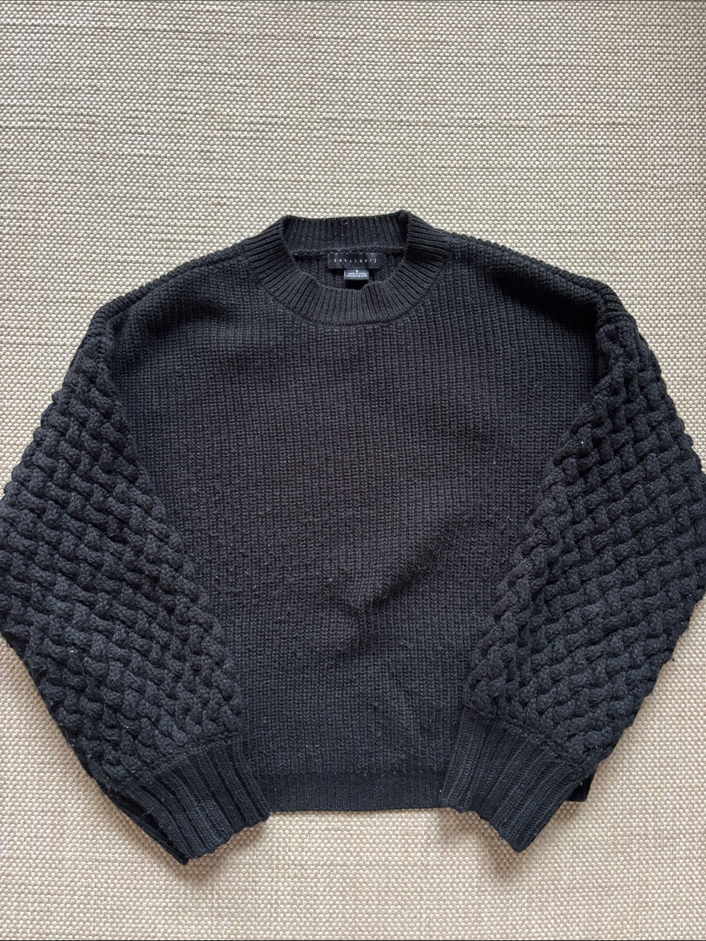Sanctuary Black Crewneck Sweater with Basketweave Sleeves